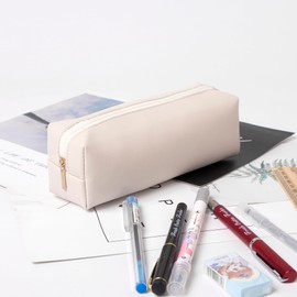 OZAOZ Pencil Case Cosmetic Pouch PU Leather Zipper Pen Case for Pen and Pencils (Beige)
