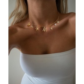 FICXOR Charm Gold Necklace for Women,Seashell Charms Boho Initial Necklaces for Women Trendy Cute Name Pendant Necklace Chunky Gold Letter Necklace Gold Pearl Beach Neklace Summer Jewelry Gifts