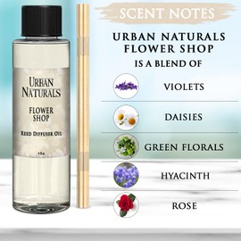 Urban Naturals Flower Shop Scented Oil Reed Diffuser Refill with Free Set of Reed Sticks! Violets, Daisies, Hyacinth & Rose Fragrance Notes