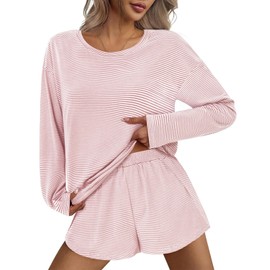 JUSTFASHIONNOW Womens Long Sleeve Pajama Sets Cute Lounge Set 2 Piece Crew Neck Striped Sleepwear Comfy Split Short Pajama Set Soft Fall Outfits Loungewear Cozy Pj sets (Pink, Large)