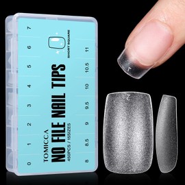 TOMICCA Short Square Nail Tips - 450Pcs Soft Gel Nail Tips Square Shaped Full Cover Gel X Nails Pre Etched for Extensions, Matte Break Resistant Strong False Nails for Salon and Home DIY, 15 Sizes
