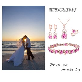 LMXXVJ Jewelry Set for Women Girl,Cute Princess Fire Pink Cubic Zirconia Stone Earring and Necklace Adjustable Ring Bracelet Set ,Birthday/Anniversary Mother’s Day Fashion Jewelry Gifts for Mom/Wife/Sister/Best Friend,Rose Gold Plated