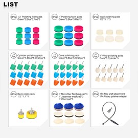 SPTA 77Pcs Mini Detail Polisher With Assorted Pads Polishing Foam Pad Kit, Used on Rotary tools/Polisher, Electric Drill for RMetal Aluminum, Stainless Steel, Chrome, Jewelry, Plastic, Ceramic, Glass