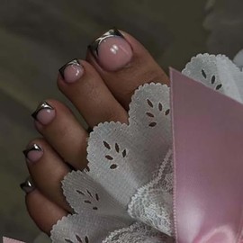 French Tip Press on Toenails Short Square Fake Toenails Silver French Nail Tips Full Cover False Toenails Summer Artifical Toe Nails Press ons Glossy Pink Toe Nails for Manicure Decor
