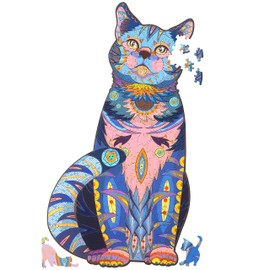 Wooden Puzzles for Adults, Wooden Blue Cat Jigsaw Puzzles with Animal Shaped Pieces, Unique Wood Cat Shape Puzzle for Adult, Ideal for Challenging and Gift (7.7×13.8 inches) 200 pcs - M