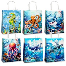 JOYGATHER 24 Pcs Sea Party Favors Bags with Handles, Ocean Animals Goodie Bags, Gift Bags, Candy Bags with 6 Different Types, Ocean Kraft Paper Bags for Birthday Party Supplies Baby Shower Decorations
