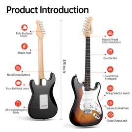 MOSEN 39in Full Size Beginner Electric Guitar Starter Kit, Beginner Starter, with Amplifier, Single-Coil & Humbucker Pickups, Gig Bag, Pick, Tuner, Capo, Cable, Tremolo Bar, Wiping Cloth - Sunburst