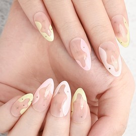 Sethaxy French Nail Tips, Short Almond, Press On Nail, Star Pattern, Rhinestone 3D Nails, Heart, Dots, Glitter, Faux-nails, Simple, Glossy, Fake Nails, Cute, Clear, Self Nail, Egg Shape, Pack of 24,