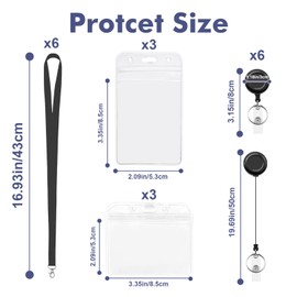 JTENGYAO Retractable Lanyard Set - 6 Set Including Reel Clip and Clear Waterproof ID Badge Holder for Card and Key Holder Keyring (Black)