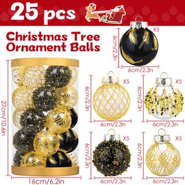 25Pcs 6cm/2.36" Christmas Tree Baubles Shatterproof Plastic Xmas Tree Decorations Christmas Balls Ornament Hanging Pendants Holiday Party Festival Decor (Black-Gold)