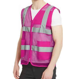 GOGO Unisex US Big Mesh Volunteer Vest Zipper Front Safety Vest with Reflective Strips and Pockets-Hot Pink1-US M