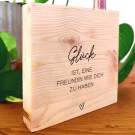 Glück Geschenke - Glück ist Freundin wie dich Holzbild 11x11x2cm zum Hinstellen auf's Regal/Sideboard mit Reagenzglas - Mutmacher Geschenk, Badezimmer Deko, Coole Sachen, Schöne Sachen
