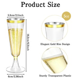 CONEHOY 220 Pcs Champagne Flutes Cups 5 Oz Gold Disposable Champagne Cocktail Glasses Plastic Wine Glasses for Celebration Wedding Party Toasting