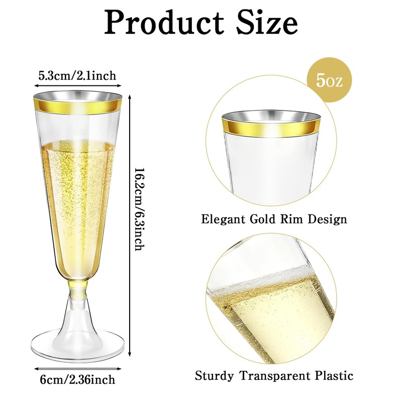 CONEHOY 220 Pcs Champagne Flutes Cups 5 Oz Gold Disposable