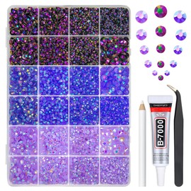 qiipii 2mm-6mm 3 Color Purple AB Series Jelly Resin Rhinestones w B7000 Glue for Bedazzling Crafting Flatback Stones Gems Diamonds for Nails Face Eyes Makeup Tumblers Bottles DIY Crafts Clothes Shoes