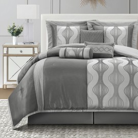 LANCO MODERN LIFESTYLE King Comforter Set, Grey, 7 Pieces in a Bag, Ultra Soft Jacquard with Solid Piecework, Luxury Bed Set with Comforters, Bed Skirt, Pillow Shams and Decorative Pillows