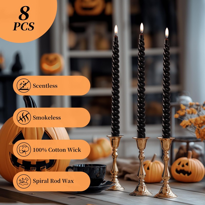 KONNI 0.87×10 Inch Black Spiral Taper Candle, Unscented and Smokeless