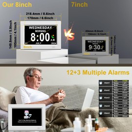 8inch Extra Large Impaired Vision Digital Alarm Clock with Day and Time for Elderly Calendar Clock Auto Dimmable Clock
