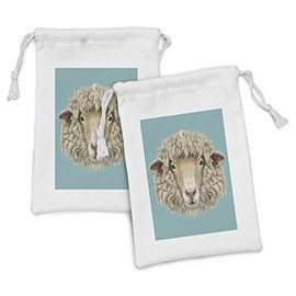 Lunarable Humor Fabric Pouch Set of 2, Portrait of Ram Sheep Goat Head Meadow Mammal Hipster Retro Style Graphic Art, Small Drawstring Bag for Toiletries Masks and Favors, 9" x 6", Turquoise Tan
