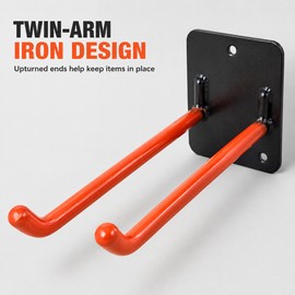 Double-Prong Wall-Mounted Garage Tool Hook for Shovels & Rakes, Black or Orange
