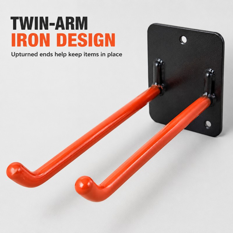 Double-Prong Wall-Mounted Garage Tool Hook for Shovels & Rakes, Black