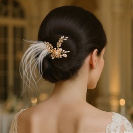 Coucoland Wedding Bridal Hair Accessories - Wedding Rhinestone Feather Hair Clip Pearl Bridal Comb Bride Pieces for Women(Rose Gold)
