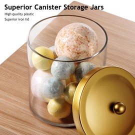 SheeChung Premium Quality Apothecary Jars - Clear Plastic Jars with Rust Proof Stainless Steel Lids - Bathroom Vanity Countertop Storage Organizer Canister Holder House Decor | Set of 3 (Gold)