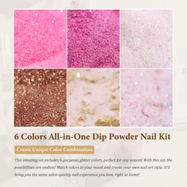 SUTOKAKA Dip Powder Nail Kit Starter, 6 Colors All Seasons Nude Pink Glitter Dipping Powder Set Nail Art Kit with French Dip Container for Women Manicure Design 19Pcs