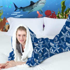 Touchat Shark Blanket for Adult Super Soft Cozy Flannel Wearable Blanket, Cartoon Animals Shark Blanket Hoodie, Sleeping Bag Cosplay Shark Costume Blanket Gifts for Shark Lovers (Blue Starfish, M)