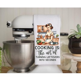 Cooking Is The Art Of Turning Leftovers Into Seconds - Microfiber White Waffle Weave Towel. 16 x 24 in. Absorbent, No Lint, Thick, Reusable, Commercial, Soft, Hand