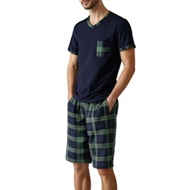 LNFINTDO Men's Pyjamas Set Short Sleeve Soft Pjs Top and Plaid Shorts for Sleepwear Loungewear with Pockets Green