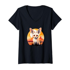 Womens Watercolor Sunset Fennec Fox V-Neck T-Shirt