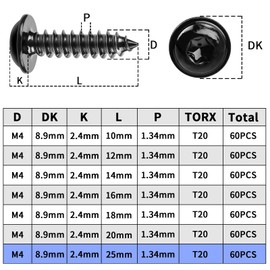 Pack of 60 Screws Black M4 x 25 mm Wood Screws Tapping Screws Black Galvanised Pan Head Screws Flat Head Self Tapping with Washer for Acoustic Panels 304 Stainless Steel Torx Flat Head Screws