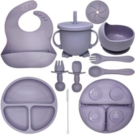 HippoBaby Baby Led Weaning Supplies | 10 Piece Silicone Feeding Set | Baby Toddler Bib Cup Divided Plate and Bowl Self Feeding Spoons Dish Set | Baby Utensils | Toddler Feeding Supplies (Lavender)