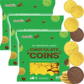St. Patrick's Day 25 Chocolate Coins Gold Shamrock Coins Foils, Belgian Milk Chocolate Clover Coins Resealable Bag, Nut-Free (6 Bags)