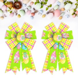 2pcs Easter Wreath Bows Easter Decor Bow Yellow Pink Plaid Dwarf Burlap Bows for Wreath, Easter Gnome Ribbon Bows Tree Topper Bow for Easter Day Home Indoor Outdoor Decoration Wreath Ornament Supplies