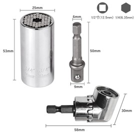 DFsucces Universal Socket & L Shape Socket Wrench 3-Piece Set, Fits 7-19mm (1/4-3/4 inch) Universal Socket, Built in 54 Steel Pins, Multi-functional, 3/8-Inch, DIY Drill Adapter Included, Work Tool