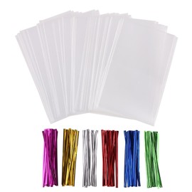 CCINEE 100 Pack Clear Cellophane Treat Bags with 120 pcs Twist Ties in 6 Colors for Christmas New Year Wedding Party Use, 3”x4”