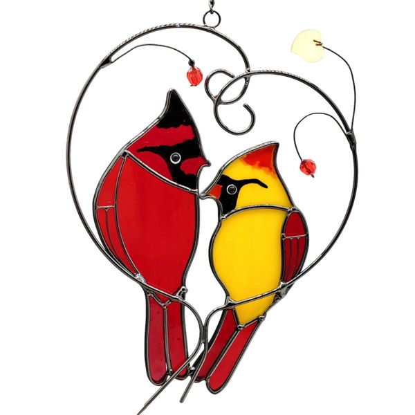 Cardinal Stained Glass Suncatchers with Stick Hook, Red Bird Ornaments,