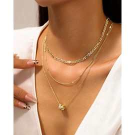 3Pcs Layered Gold Necklaces for Women - Stackable 14K Gold Plated CZ Rondelle Pendant Mariner Chain Choker Necklaces Set, Dainty Minimalist Gold Jewelry