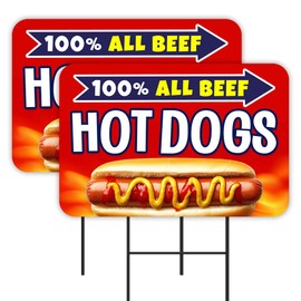 Vista Products All Beef Hot Dogs 2 Pack Double-Sided Yard Signs 16" x 24" with Metal Stakes (Made in Texas)