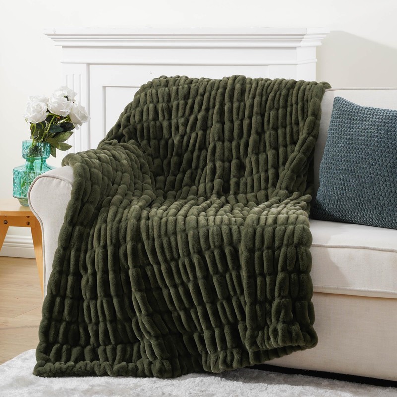 BATTILO HOME Olive Green Faux Fur Throw Blanket for Bed,