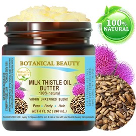 Botanical Beauty MILK THISTLE OIL BUTTER Silybum marianum 100% Natural for FACE, SKIN, BODY, HAIR, NAILS, Foot Care. Foot Oil butter, Skin Moisturizer (8 Fl Oz)