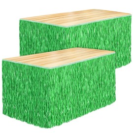 Fovths 2 Packs Luau Grass Table Skirt Paper Fringe Straw Grass Skirt 108 x 30 Inch Hibiscus Hawaiian Table Skirts Rectangle Tropical Luau Party Decorations for Hawaiian Luau Decorations