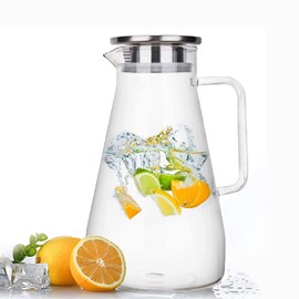 Glass Pitcher with Lid, 1.8L / 60 oz Heat Resistant Glass Water Carafe with Handle for Fridge, Large Iced Tea Pitcher, Borosilicate Glass Juice Jug for Milk, Hot and Cold Beverage