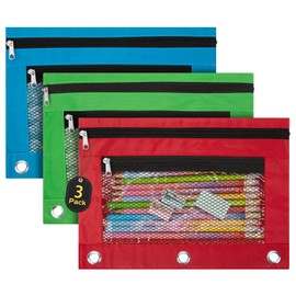 IKAYAS 3 Pack Pencil Pouch for 3 Ring Binder Bulk Binder Pencil Pouch with Zipper, Pencil Pouch Bags for Classroom Bulk Pencil Box Pencil Case for Storing School Students Teacher Supplies, 3 Colors