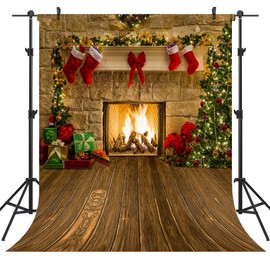 OUYIDA 5X7FT Christmas Fireplace Theme Backdrop for Photography Tree Sock Gift Decorations for Xmas Party Supplies Vinyl Photo Booth Background Studio Prop CEM15