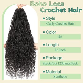 YYQXZG 16 Inch Boho Faux Locs Crochet Hair 8 Packs Pre-looped Boho Soft Crochet Locs Hair with Curly Ends for Women (4#, 16inch)