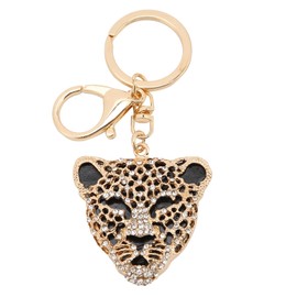 Keychain Fashion Crystal Leopard Head Key Ring Leopard Head Car Bag Pendant for Girl Birthday Gift(8 * 6 * 1cm gold)