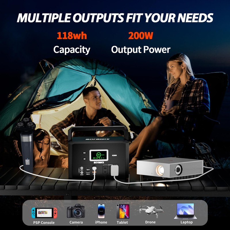 200W Portable Power Station (400W Peak), mormluck 118Wh Solar Generators